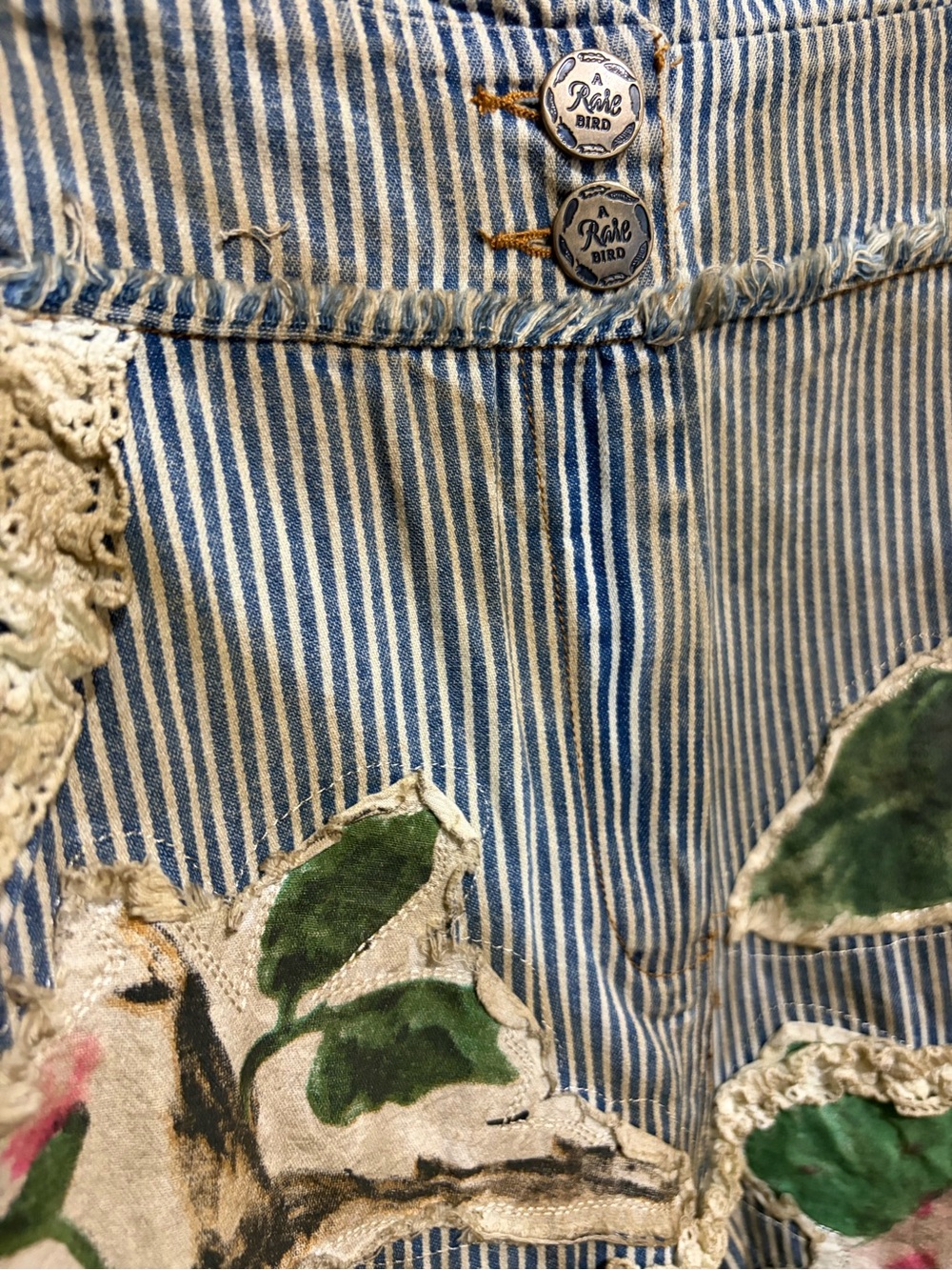 NWT A RARE BIRD Bohemian Vintage Rose Ticking High Waist Lace Denim Blue Stripe - Picture 5 of 16